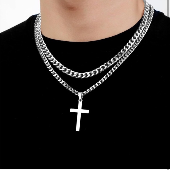 SENRAN Layered Cross Necklace Stainless Steel Cuban Link Chain 16-24 inch - Picture 4 of 7